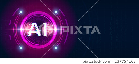 Artificial intelligence AI glitch effect in neon magenta circular HUD interface with binary code Artificial intelligence AI glitch effect in neon magenta circular HUD interface with binary code 137754163