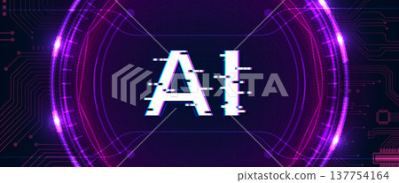 Artificial intelligence AI glitch effect inside neon purple circular circuit interface 137754164