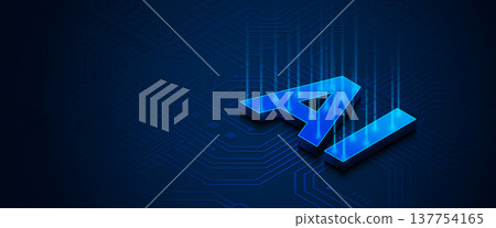 3D blue AI artificial intelligence text glowing on dark circuit board background 137754165