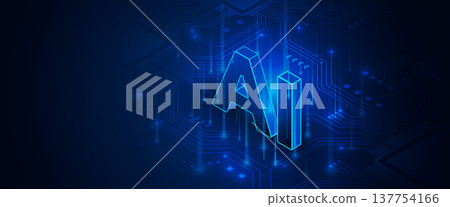 Blue glowing isometric artificial intelligence text letters stand upon dark electronic circuit 137754166
