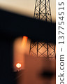 Sunset and transmission towers visible from a pedestrian overpass in the city. Sunset and transmission towers visible from a pedestrian overpass in the city. 137754515