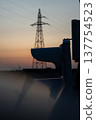 Sunset and transmission towers visible from a pedestrian overpass in the city. Sunset and transmission towers visible from a pedestrian overpass in the city. 137754523