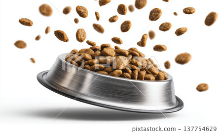 Dry cat food pet bowl kibble flying isolated white background stainless steel meal pet care nutrition Dry cat food flying from tilted pet bowl 137754629