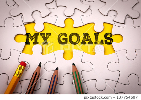 My Goals Text On Yellow Puzzle Piece Background 137754697