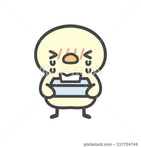 A hand-drawn illustration of a chick crying with a box of tissues because of hay fever. 137754749