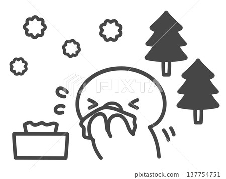 A hand-drawn line art illustration of a chick blowing its nose due to cedar pollen. 137754751