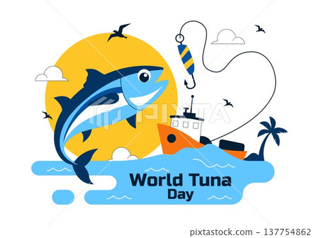 World Tuna Day Vector Illustration Featuring Jumping Tuna Fish Ocean Waves Fishing Boat Anchor And Marine Conservation Awareness Design World Tuna Day Vector Illustration Featuring Jumping Tuna Fish Ocean Waves Fishing Boat Anchor And Marine Conservation Awareness Design 137754862