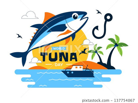 World Tuna Day Vector Illustration Featuring Jumping Tuna Fish Ocean Waves Fishing Boat Anchor And Marine Conservation Awareness Design World Tuna Day Vector Illustration Featuring Jumping Tuna Fish Ocean Waves Fishing Boat Anchor And Marine Conservation Awareness Design 137754867