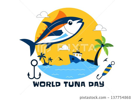 World Tuna Day Vector Illustration Featuring Jumping Tuna Fish Ocean Waves Fishing Boat Anchor And Marine Conservation Awareness Design World Tuna Day Vector Illustration Featuring Jumping Tuna Fish Ocean Waves Fishing Boat Anchor And Marine Conservation Awareness Design 137754868