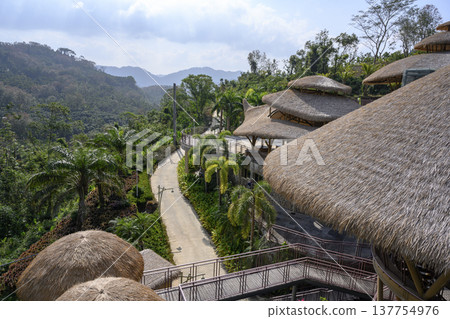 Huts with thatched roofs on the slope of jungle-covered mountains on Hainan Island in China Huts with thatched roofs on the slope of jungle-covered mountains on Hainan Island in China 137754976