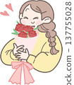 An illustration of a woman with a happy smile after receiving a bouquet of carnations. 137755028