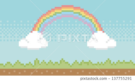 A pixel art background material with soft colors resembling a game field, featuring a rainbow. 137755291