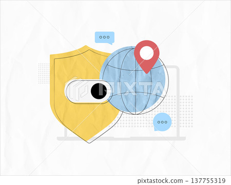 Global privacy protection shield, secure vpn anonymous browsing concept. VPN encrypted data traffic, IP masking location safety, worldwide internet anonymity framework. Trendy paper collage concept 137755319