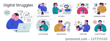 Digital struggles scene set with textured characters. Doomscrolling, social media hate, notification anxiety, FOMO, AI fear vector illustration. Flat cartoon people with smartphones, emotions online Digital struggles scene set with textured characters. Doomscrolling, social media hate, notification anxiety, FOMO, AI fear vector illustration. Flat cartoon people with smartphones, emotions online 137755520