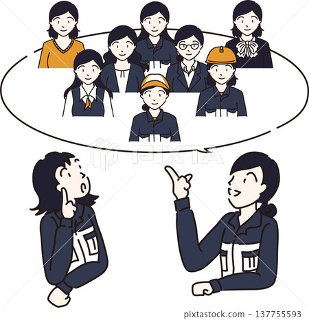 An illustration of women in navy blue uniforms discussing various departments and positions. An illustration of women in navy blue uniforms discussing various departments and positions. 137755593