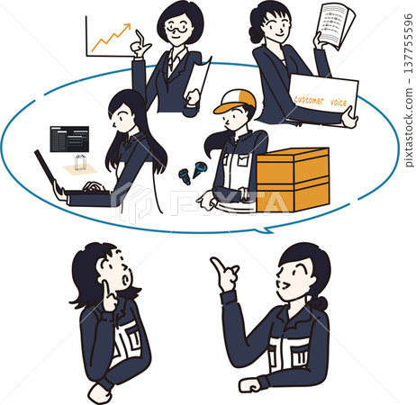 插圖描繪了身穿藏藍色制服的女性正在討論各個部門的情況。 137755596