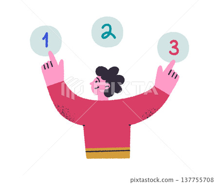 Cute flat cartoon character arranging numbered signs 1, 2 and 3, abstract planning and priority setting scene. Organization and task management empty state vector illustration with grainy textures Cute flat cartoon character arranging numbered signs 1, 2 and 3, abstract planning and priority setting scene. Organization and task management empty state vector illustration with grainy textures 137755708