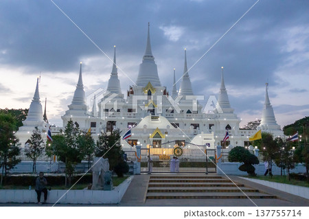 Beautiful white temple statues at Wat Asokaram Buddihist Temple Beautiful white temple statues at Wat Asokaram Buddihist Temple 137755714