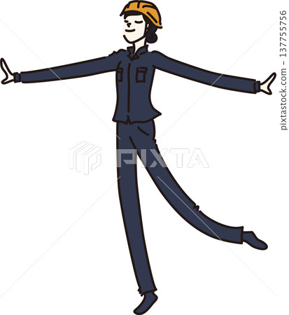 An illustration of a woman in work clothes, wearing a helmet and with her arms outstretched, in a navy blue uniform. An illustration of a woman in work clothes, wearing a helmet and with her arms outstretched, in a navy blue uniform. 137755756