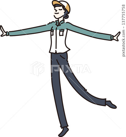 An illustration of a woman in work clothes, wearing a hat and with her arms outstretched; green uniform. An illustration of a woman in work clothes, wearing a hat and with her arms outstretched; green uniform. 137755758