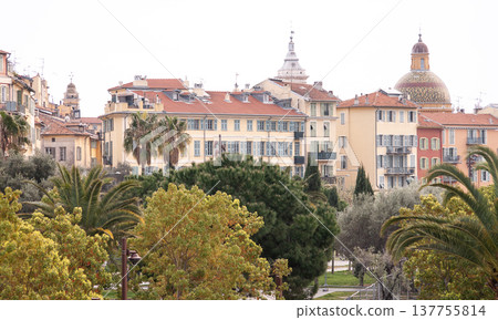 A view over the old town of Nice. Panorama of the old town Vieux Nice with its characteristic colored buildings. A view over the old town of Nice. Panorama of the old town Vieux Nice with its characteristic colored buildings. 137755814