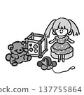 Black and white illustrations of toys (stuffed animals, dolls, educational toys, wooden toys) 137755864