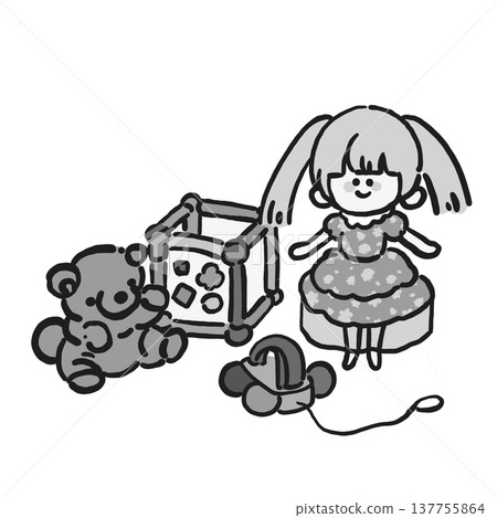 Black and white illustrations of toys (stuffed animals, dolls, educational toys, wooden toys) Black and white illustrations of toys (stuffed animals, dolls, educational toys, wooden toys) 137755864