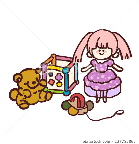 玩具的彩色插畫(絨毛玩具、娃娃、益智玩具、木製玩具) 玩具的彩色插畫(絨毛玩具、娃娃、益智玩具、木製玩具) 137755865