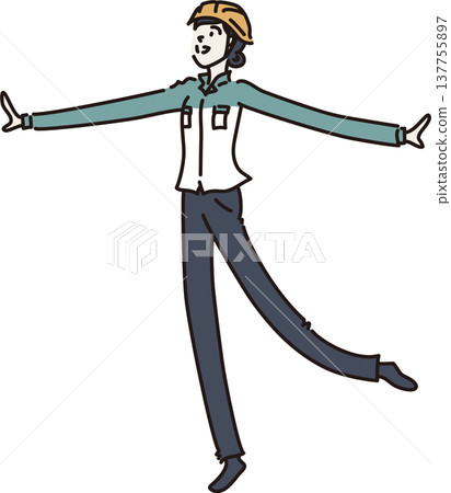 一幅插圖，描繪了一位身穿工作服、頭戴安全帽、身穿綠色制服的女性，她面帶微笑，雙臂張開。 137755897