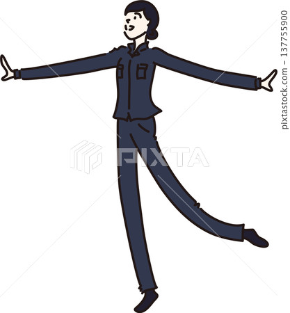An illustration of a woman in work clothes with her arms outstretched and smiling. 137755900