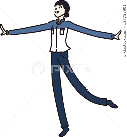 An illustration of a woman in work clothes with her arms outstretched and smiling. 137755901