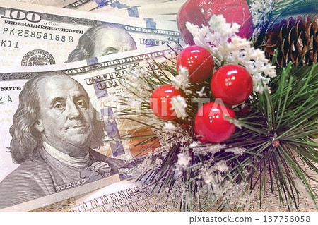 Christmas Cash and Holiday Decorations. $100 dollar bills with festive ornaments. Perfect for holiday budget, bonus, and shopping concepts. Christmas Cash and Holiday Decorations. $100 dollar bills with festive ornaments. Perfect for holiday budget, bonus, and shopping concepts. 137756058