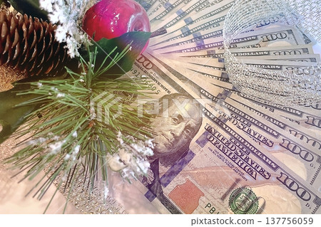 Christmas Cash and Holiday Decorations. $100 dollar bills with festive ornaments. Perfect for holiday budget, bonus, and shopping concepts. Christmas Cash and Holiday Decorations. $100 dollar bills with festive ornaments. Perfect for holiday budget, bonus, and shopping concepts. 137756059