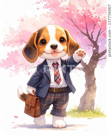 Illustration 5 of a beagle happily running towards a cherry blossom tree as it begins its new life / Material for flyers and posters 137756067