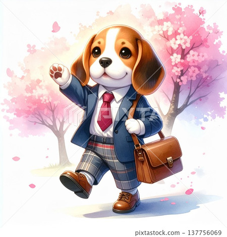 Illustration 3 of a beagle happily running towards a cherry blossom tree as it begins its new life / Material for flyers and posters 137756069