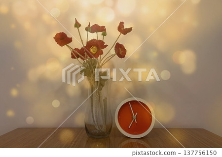 A warm interior with red poppies and an orange clock. A warm, minimalist look featuring flowers and a modern clock against a gold bokeh background. Perfect for lifestyle decor. A warm interior with red poppies and an orange clock. A warm, minimalist look featuring flowers and a modern clock against a gold bokeh background. Perfect for lifestyle decor. 137756150