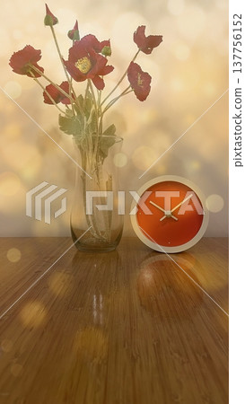 A warm interior with red poppies and an orange clock. A warm, minimalist look featuring flowers and a modern clock against a gold bokeh background. Perfect for lifestyle decor. 137756152