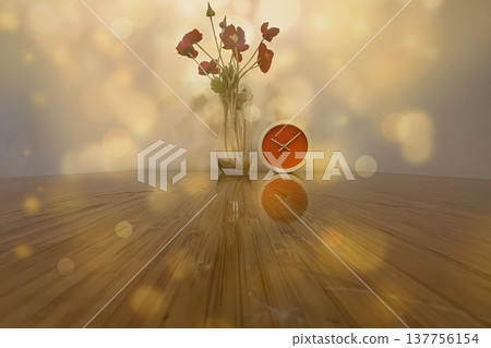 A warm interior with red poppies and an orange clock. A warm, minimalist look featuring flowers and a modern clock against a gold bokeh background. Perfect for lifestyle decor. A warm interior with red poppies and an orange clock. A warm, minimalist look featuring flowers and a modern clock against a gold bokeh background. Perfect for lifestyle decor. 137756154