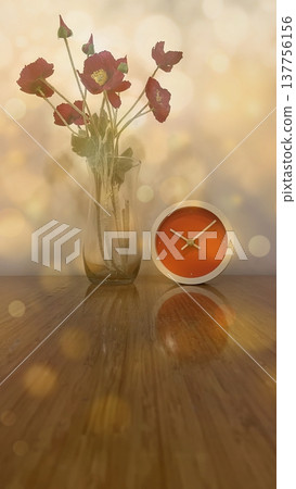 A warm interior with red poppies and an orange clock. A warm, minimalist look featuring flowers and a modern clock against a gold bokeh background. Perfect for lifestyle decor. A warm interior with red poppies and an orange clock. A warm, minimalist look featuring flowers and a modern clock against a gold bokeh background. Perfect for lifestyle decor. 137756156