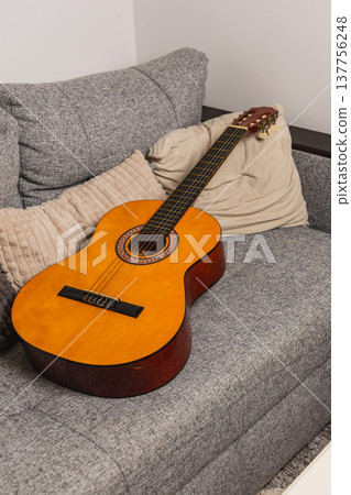 Guitar resting on a gray couch in a cozy indoor space 137756248