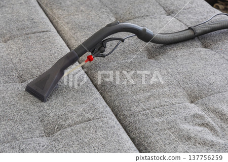 Cleaning a grey couch with a vacuum tool in a living room space 137756259