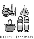 Black and white illustrations of sauna goods (sauna hat, bottle, thermometer, sauna bag) 137756335