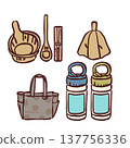 Color illustrations of sauna goods (sauna hat, bottle, thermometer, sauna bag) 137756336