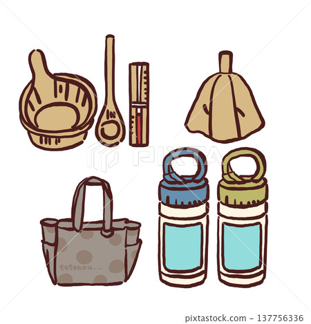 桑拿用品（桑拿帽、水壺、溫度計、桑拿袋）的彩色插圖 137756336