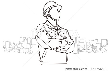 Line art illustration of a construction worker with his arms crossed. 137756399