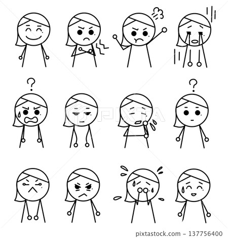 A set of illustrations of girls laughing, crying, and getting angry, with white borders. 137756400