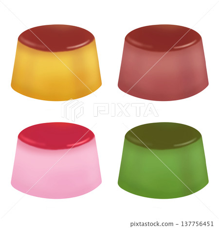 A set illustration of custard, chocolate, strawberry, and matcha pudding. 137756451
