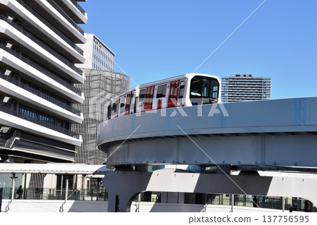Yurikamome New Transit Line running near Toyosu Market in Tokyo. 137756595