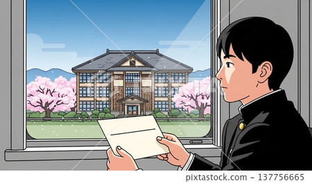 一名學生在窗邊和一排櫻花樹旁參加考試。 137756665