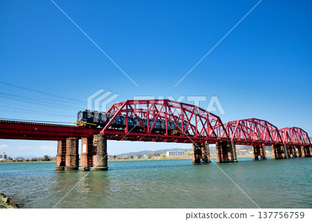 The "Auspicious Train" (Nankai Electric Railway, Kashira) running across the Kinokawa Bridge [Wakayama City, Wakayama Prefecture] 137756759